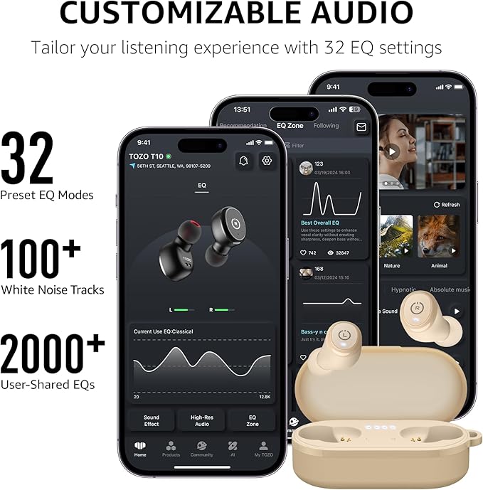 TOZO T10 Wireless Earbuds Bluetooth 5.3 Headphones, App Customize EQ, Ergonomic Design, 55H Playtime, Wireless Charging Case, IPX8 Waterproof Sound in-Ear Headset, 2025 New Version-StrideForce Fitness