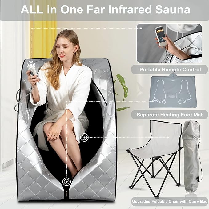 Smartmak Far Infrared Sauna, Full Body One Person SPA Set with Portable Time & Tempreture Remote Control, Heating Foot Pad and Foldable Reinforced Chair(L 27.6’’ x W 31.5’’ x H 37.8’’) - Black Border-StrideForce Fitness