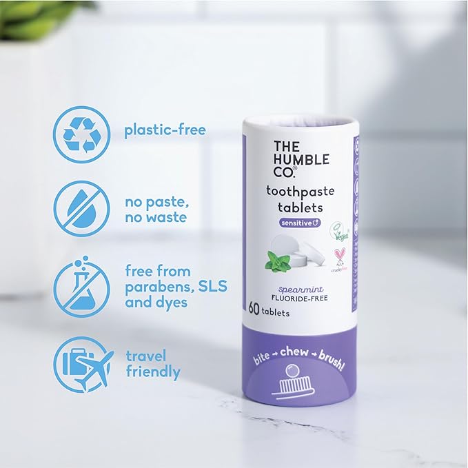 The Humble Co. Sensitive Toothpaste Tablets – Fluoride Free Toothpaste Tablets for Sensitive Teeth and Gums, Dentist Developed Formula, Vegan, SLS Free, Plastic Free (Spearmint, 3PK)