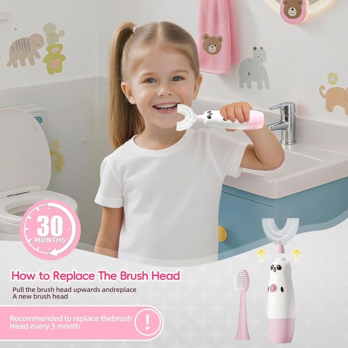 Kids U-Shaped Electric Toothbrush with 2 Brush Heads, Toddlers Sonic with 360 Degree Cleaning, Soft Bristles, Battery Included, IPX7 Waterproof, Cute cartoon for Girls and Boys,Ages 2-7 (Pink)