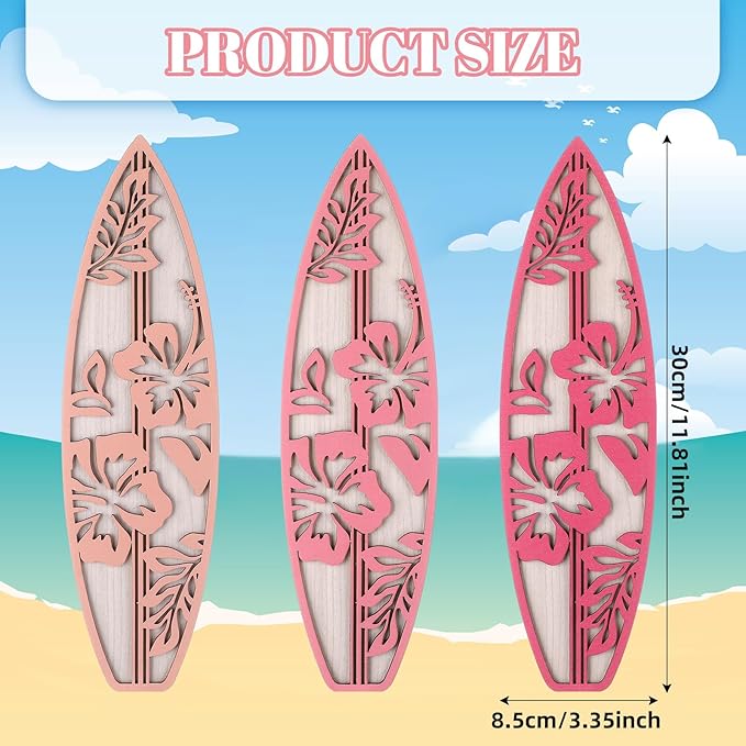 3 Pieces Hibiscus Surfboard Decor for Bedroom Wooden Beach Wall Decor Summer Wood Surfboard Wall Hanging Sign for Tropical Living Room Decoration(Pink)-StrideForce Fitness