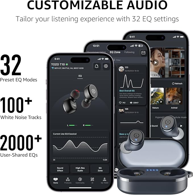 TOZO T10 Wireless Earbuds Bluetooth 5.3 Headphones, App Customize EQ, Ergonomic Design, 55H Playtime, Wireless Charging Case, IPX8 Waterproof Sound in-Ear Headset, 2025 New Version-StrideForce Fitness