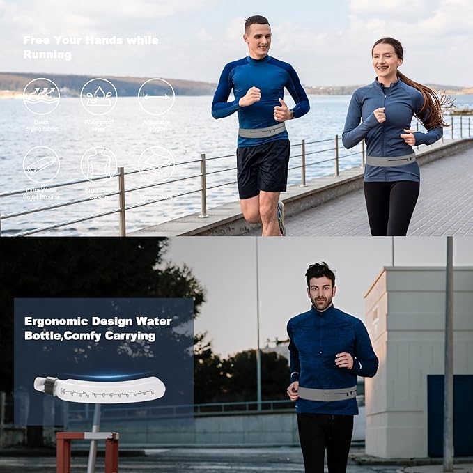 Running Belt for Women and Men, Water Proof Running Belts Fanny Pack with Water Bottle,Slim Hydration Running Bag Belts with Phone Bottle Holder Adjustable Fit for Runner (Grey, Medium)-StrideForce Fitness