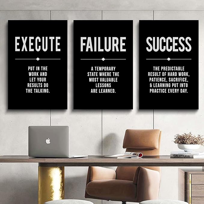 Framed Canvas Wall Art Success Quote, Office Wall Art, Black Large Poster, Positive Motivational Set of 3 Prints, Execute Failure Definition, Inspirational Print (A-3pcs,24x36inchx3pcs)-StrideForce Fitness