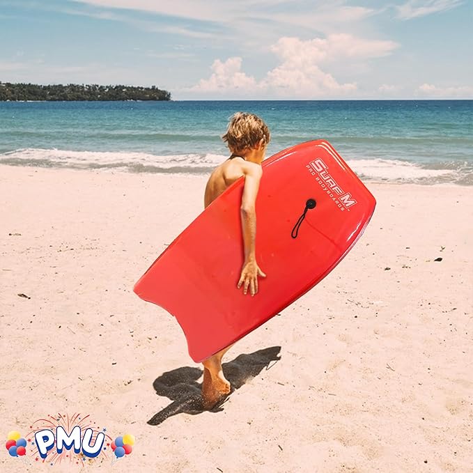 PMU 33 Inch Red Bodyboard - Lightweight Wrist Leash, Slick Bottom Boards for Beach, Sea & Pool - Surfing Board for Kids, Teens & Adults Wave Conditions Pkg/1-StrideForce Fitness