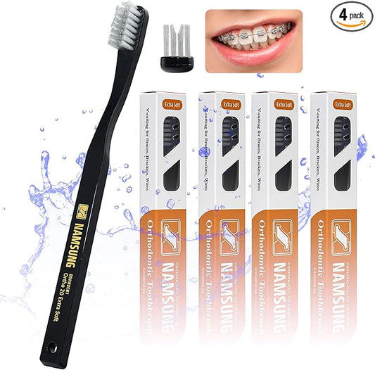 Orthodontic Toothbrush for Braces [4 Packs][Made in Korea] V Trim Cutting American Bristles Braces Toothbrush for Brackets and Wires Cleaning (Ortho Compact 20 Extra Soft, 4 Pack)