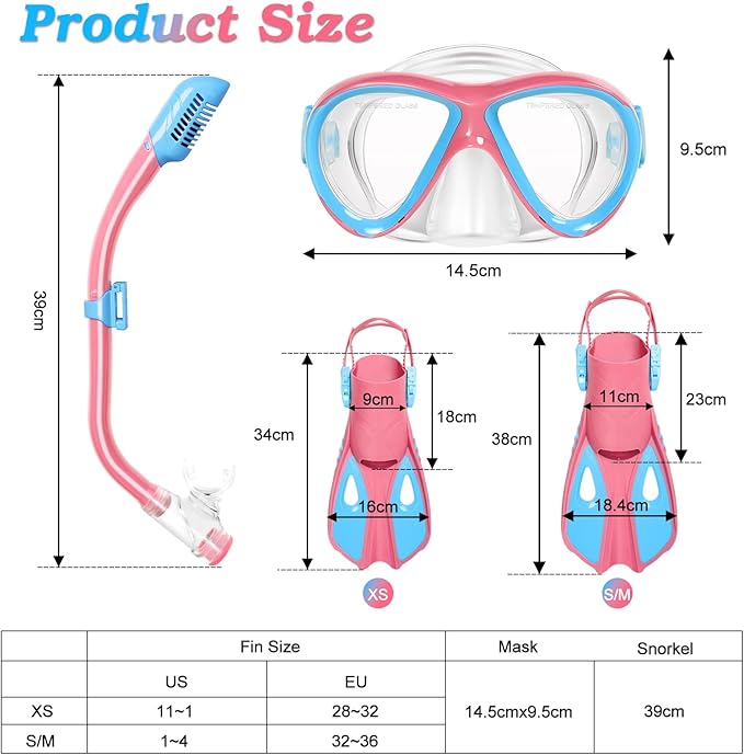 Kids Mask Fins Snorkel Set, Dry Top Snorkeling Gear for Kids Youth Boys Girls Junior Age 5-15 Tempered Glass Snorkel Mask Set Panoramic View Snorkeling Packages-StrideForce Fitness
