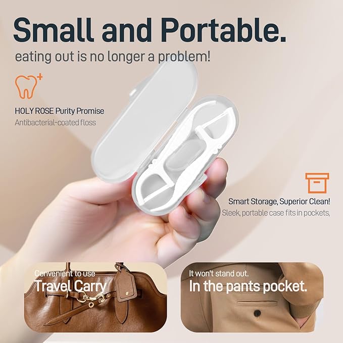 Holy Rose Dental Floss Picks Holder, Mini Flossers Portable Case 6 Box, Mint Flavor for Double String Flossing 60 Count Providing Adults Travel with Perfect Oral Care
