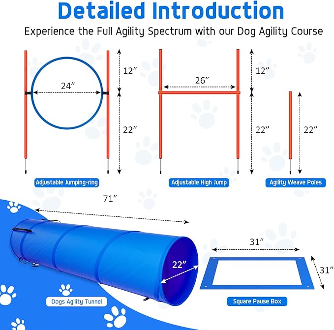 Polar Aurora Dog Agility Equipment, Dog Obstacle Courses Backyard - Pet Outdoor Games w/Adjustable High Jump, Agility Weave Poles, Tunnel, Jumping Ring, Pause Box, 2 Balls,Whistle and Carrying Bag-StrideForce Fitness
