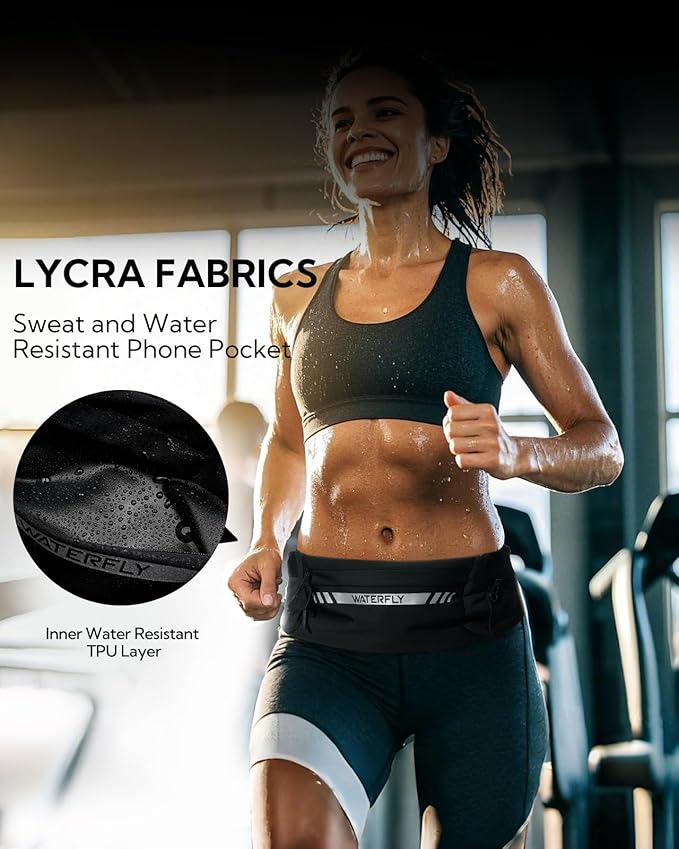 WATERFLY Running Belt Fanny Pack: Slim Breathable 4 Pocket Waist Bag for Men Women Sport Workout Exercise Fitness Phone Holder - Runner Marathon Jogging Waistband Fits ALL Phones Black-StrideForce Fitness