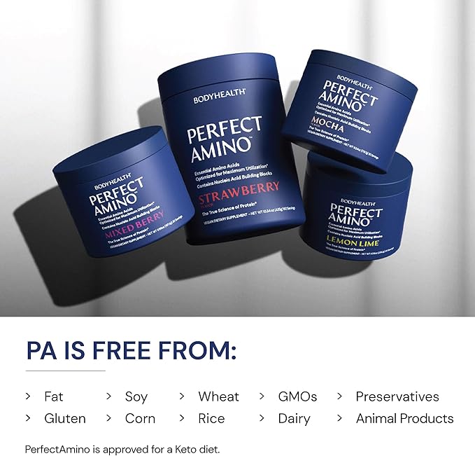 BodyHealth PerfectAmino Powder - BCAA and EAA Powder for Pre and Post Workout - Amino Acid Energy Drink for Men and Women to Support Lean Muscle and Recovery - Strawberry - 30 Servings-StrideForce Fitness