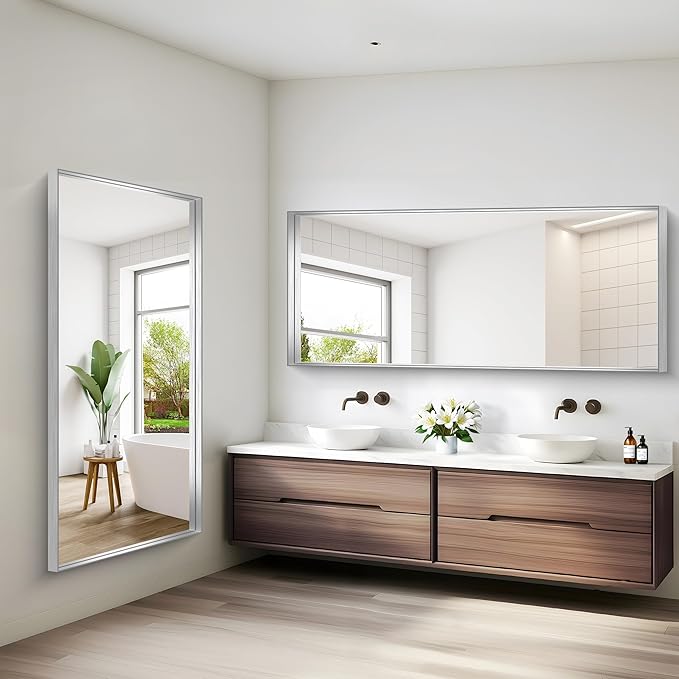 Silver Bathroom Mirror, 72x30 Inch Rectangular Deep Frame Mirror, Large Wall Mounted Bathroom Vanity Mirror Over Sink for Bedroom,Restroom, Living Room, Hangs Vertically or Horizontally-StrideForce Fitness
