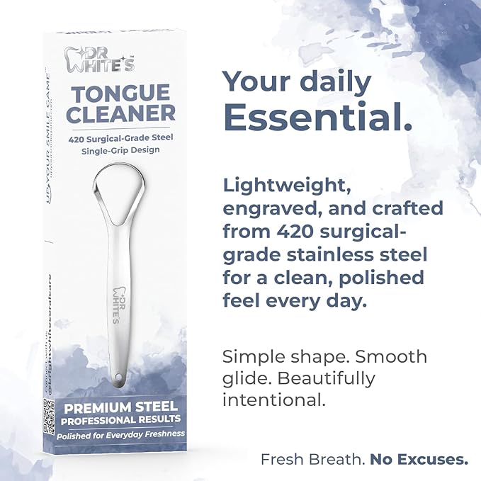 Dr. White’s Precision Tongue Care™ Collection – Single Grip Tongue Cleaner, Premium 420 Surgical-Grade Stainless Steel Tool for Daily Oral Care