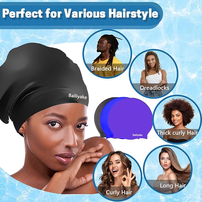 3 Pack Extra Large Swim Cap for Braids & Dreadlocks - Waterproof Silicone Swim Hat for Women with Long Thick Hair, Protective Swim Cap Cover Ears for Swimming, Shower, Bathing-StrideForce Fitness