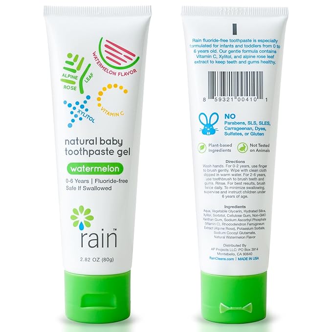 Rain Natural Baby Fluoride Free Kids Toothpaste Gel - Safe to Swallow Infant Toddler Tooth Paste, 2.8 Oz, Babies Training, Ages 6 to 12 months and Up Vitamin C Watermelon Toothpaste for Kids 0-6 years