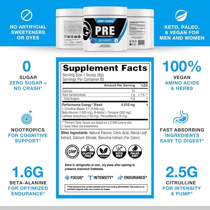 Honey Badger Pre Workout Powder, Keto Vegan Preworkout for Men & Women, Beta Alanine & Caffeine, Sugar Free Natural Energy Supplement, Blue Raspberry, 30 Servings-StrideForce Fitness