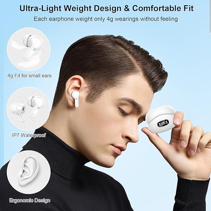 Wireless Earbuds, 2025 Bluetooth Headphones V5.3 HiFi Stereo Ear buds with ENC Noise Cancelling Mics, 40H Bluetooth Earbuds with Dual LED Display, IP7 Waterproof Earphones for Android iOS, White-StrideForce Fitness