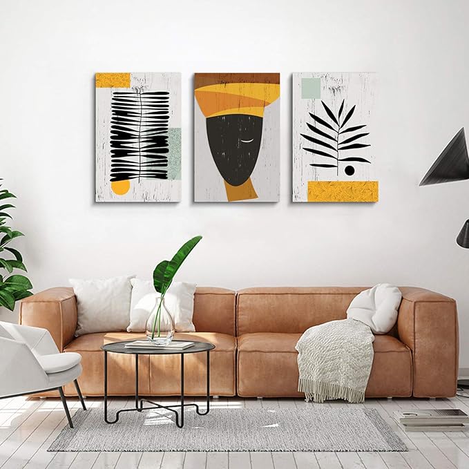 Framed Canvas Wall Art African Ethno Motive Wall Art Set, Abstract Ethno Art, African American Woman Portrait, Black Orange Print, Contemporary Collage, Minimalist (S-3pcs,20x30inchx3pcs)-StrideForce Fitness