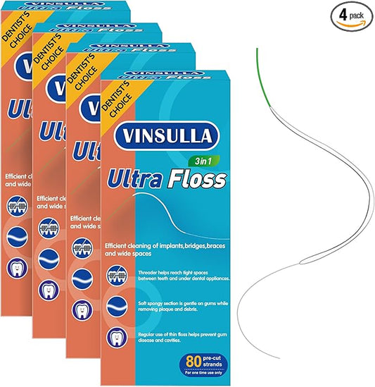 Dental Floss for Braces, Floss Threaders for Bridges and Implants, PTFE & PFAS Free Floss, 80 Pre-Cut Strands (Pack of 4)