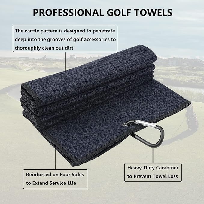 3 Pack Large Golf Towels, 16" x 24" Tri-Fold Portable Microfiber Fabric Waffle Pattern Golf Towel for Golf Bag with Carabiner Clip to Quickly Remove Sand, Mud, Dirt and Sweat-StrideForce Fitness