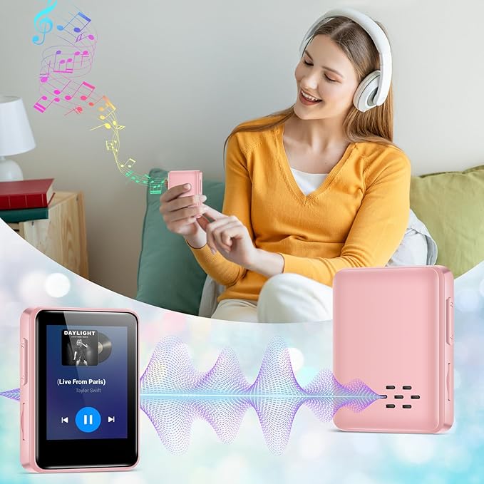 MP3 Player with Bluetooth, 1.8 inch Screen Portable Music Player with Speaker, FM Radio, Recorder, Expansion to 512GB, Pink with 32GB Micro SD Card-StrideForce Fitness