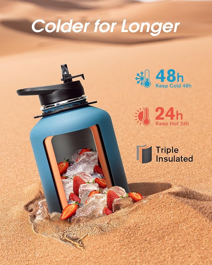 Coolflask 64 oz Water Bottle Insulated with Strap, Half Gallon Water Jug Stainless Steel with Straw & Spout Lids, Metal Large Water Flask, Keep Cold 48h Hot 24h, Leak Proof & Non-BPA, Prussian Blue-StrideForce Fitness