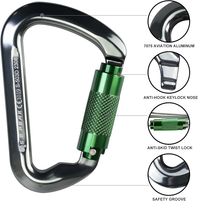 SEPEAK UIAA 30kN Climbing Carabiner Clips, Professional Heavy Duty Twist Locking Carabiners for Climbing,Mountaineering, Rappelling, Camping, Hiking, Swings, Large D Ring Hooks-StrideForce Fitness