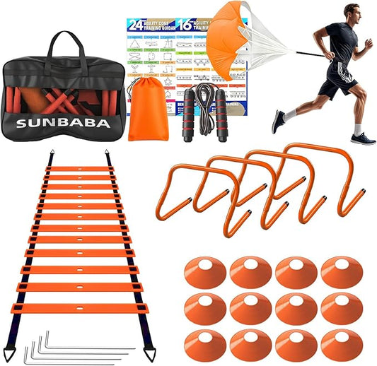 Agility Ladder Speed Training Equipment Set with 20ft Agility Ladder,4 Hurdles,12 Cones,Jump Rope,Running Parachute-Ideal Training Equipment for Kids Youth Adults in Soccer Football Basketball-StrideForce Fitness
