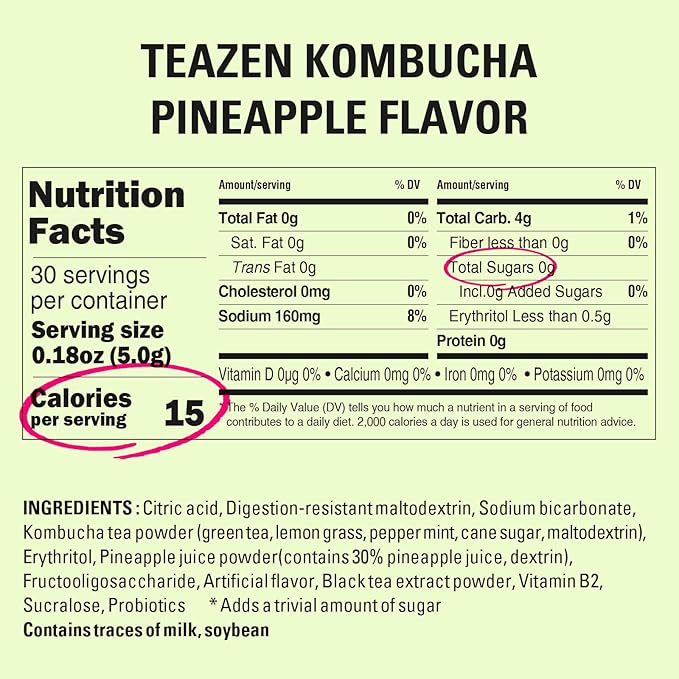 TEAZEN Pineapple Kombucha Tea, Hydration Drink Mix, Sugar Free, Live Probiotics & Prebiotics, 30 Sticks, 5.29oz-StrideForce Fitness