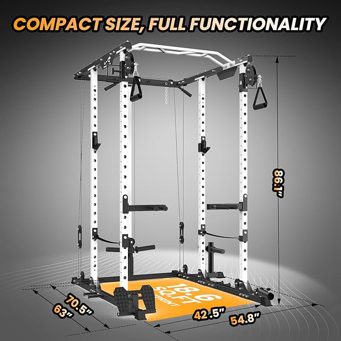 GaveeLife Power Cage, 2000 LBS Power Rack with Cable Cross-Over System, Multi-Functional Strength Training Squat Rack with LAT Pull Down System, Home Gym Equipment with Training Attachment, Red-StrideForce Fitness
