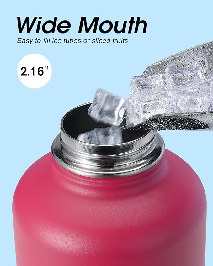 Half Gallon Water Bottle Insulated with Straw & 3 Lids, Coolflask 64 oz Water Jug Large Metal Stainless Steel Wide Mouth for Sports, Gym or Office, Non-BPA Keep Cold 48H Hot 24H, Ombre Wine/Navy-StrideForce Fitness