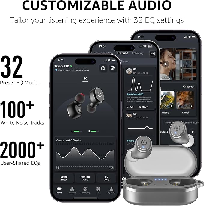 TOZO T10 Wireless Earbuds Bluetooth 5.3 Headphones, App Customize EQ, Ergonomic Design, 55H Playtime, Wireless Charging Case, IPX8 Waterproof Sound in-Ear Headset, 2025 New Version-StrideForce Fitness