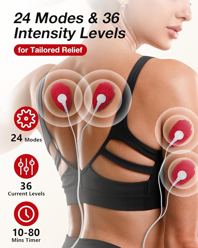 TENS Unit Muscle Stimulator for Pain Relief Therapy–Dual Channel 24 Modes TENS Machine&EMS Muscle Stimulator,Upgraded Large Screen Portable Muscle Stimulator for Back,Shoulder,& Neck Pain with 10 Pads-StrideForce Fitness
