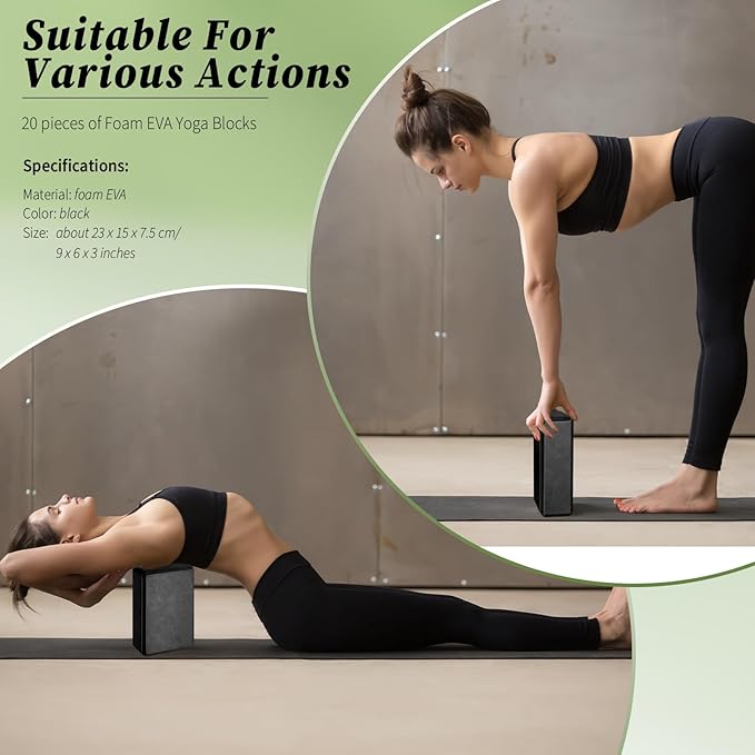 Yilloog 20 Pcs Foam EVA Yoga Blocks - High Density Non Slip Supportive Foam Blocks - Lightweight Black Yoga Bricks - Props for Women, Men, Beginners, Pilates, Meditation-StrideForce Fitness