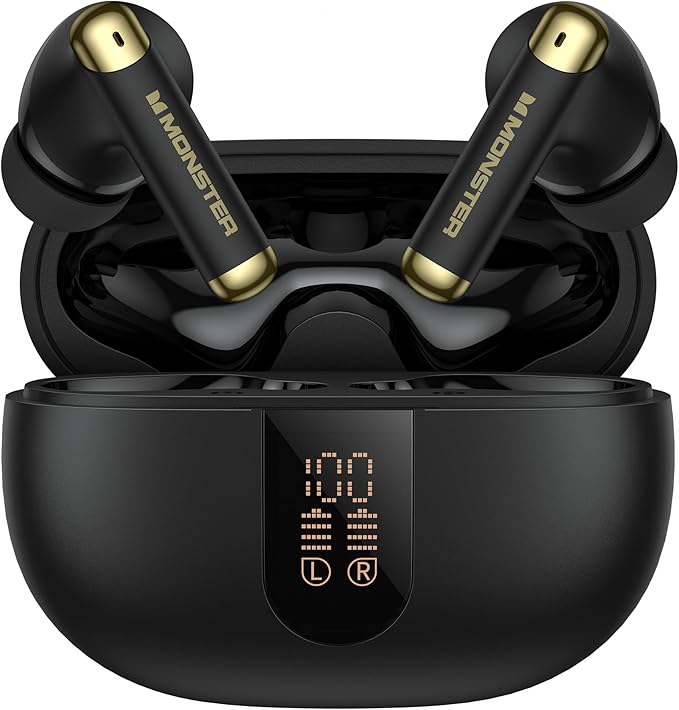 Monster N-Lite 211 Wireless Earbuds， Bluetooth 6.0 Stereo Headphones with Noise-Cancelling Mic and LED Display, Built-in Mic for Clear Calls, Waterproof Design for Sports-StrideForce Fitness