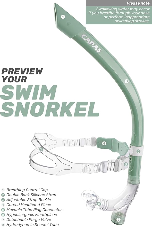 CAPAS Training Swim Snorkel for Lap Swimming, Swivel Headband Ultimate Fit Center-Mount Swimmers Snorkel with Liquid Silicone Mouthpiece Adjustable Strap, Designed for Adult Men Women-StrideForce Fitness