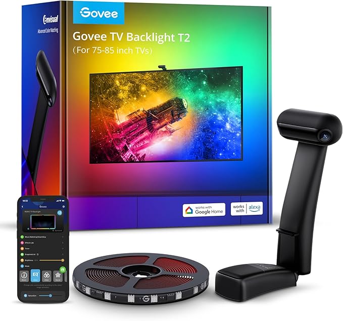 Govee Envisual TV Backlight T2 with Dual Cameras, 16.4ft RGBIC Wi-Fi LED Backlights for 75-85 inch TVs, Double Light Beads, for Home Decorations, Smart App Control, Music Sync-StrideForce Fitness