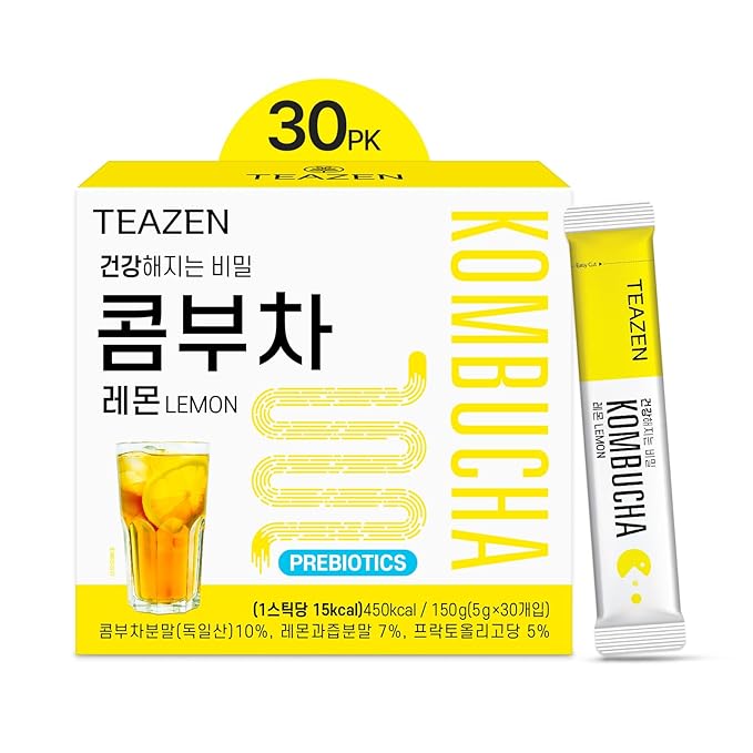 TEAZEN Lemon Kombucha Tea, Hydration Drink Mix, Sugar Free, Live Probiotics & Prebiotics, 30 Sticks, 5.29oz-StrideForce Fitness