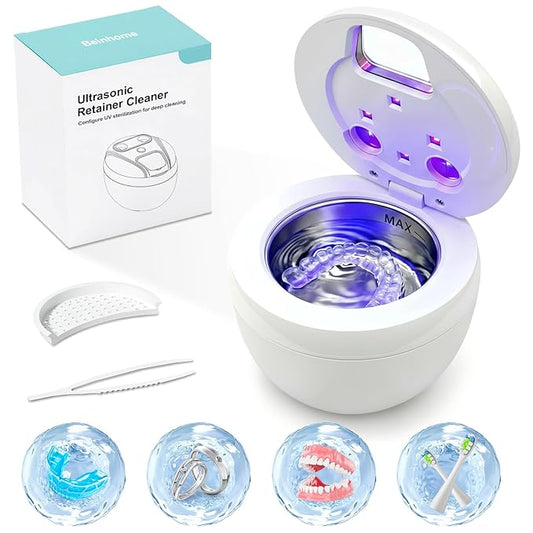 Dental Ultrasonic Retainer Cleaner Machine - Dental Cleaning Pod for Denture, Mouth Guard, Aligner, Night Guard, Braces, Toothbrush Heads, Jewelry, 45kHz Sonic Cleaner with Digital Timer & 200ML