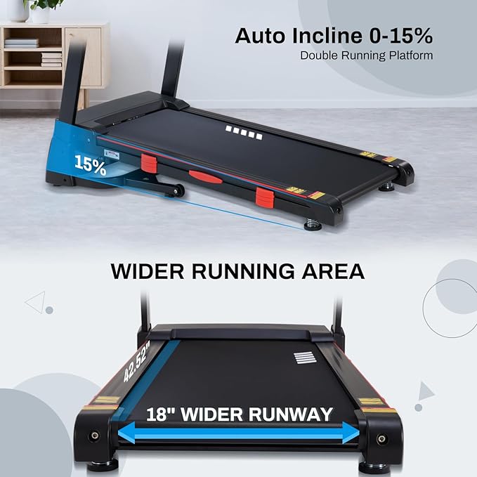 Treadmills for Home, 15% Auto Incline, 0.5-10 MPH, 18" Belt, 3 HP, 350lb Capacity, Foldable, Bluetooth App-StrideForce Fitness