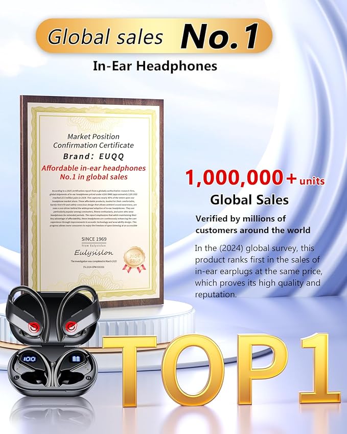 EUQQ Ear Buds Wireless Bluetooth Earbuds, Noise Cancelling Headphones 120H Playtime，IPX7 Waterproof Sports with Earhooks,LED Display Wireless Earphones for Running Gym Workout-Black-StrideForce Fitness