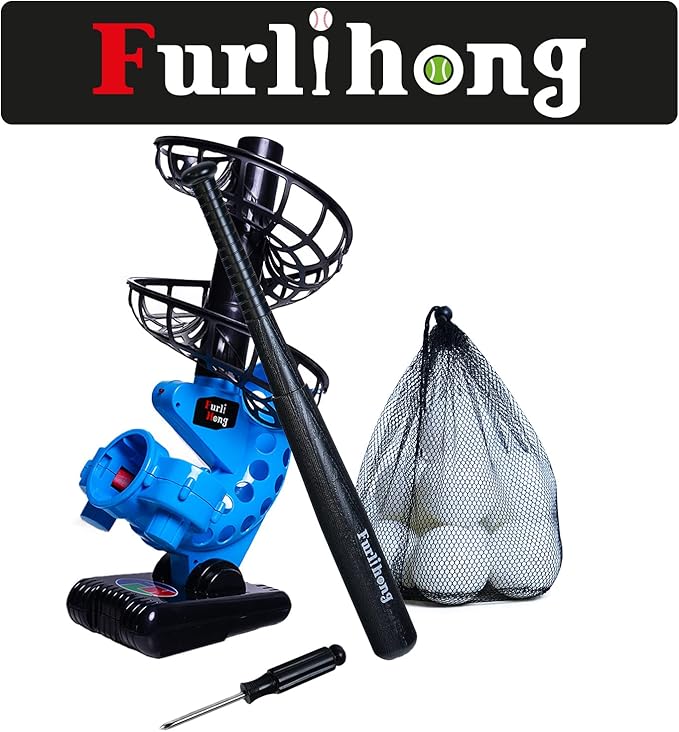 Furlihong 380BH Baseball Pitching Machine, Battery Powered, Angle Adjustable, Comes with Bat and One Dozen Training Balls, for Kids and Beginner-StrideForce Fitness