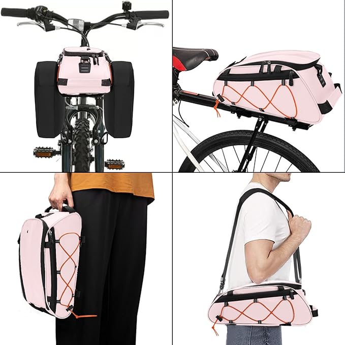 MOSISO Bike Rack Bag with 2 Removable Panniers, Waterproof Bike Trunk Cooler Storage Handbag Insulated Bicycle Rear Seat Pouch, Bicycle Storage Saddle Shoulder Bag Cycling Luggage Pouch, Pink-StrideForce Fitness
