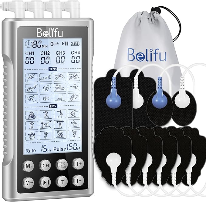 Belifu 4 Independent Channel TENS EMS Unit, 24 Modes,30 Level Intensity Muscle Stimulator Machine, Rechargeable Electric Pulse Massager with 10 Pads&5 Set Leads Wires, for Pain Relief Therapy (Silver)-StrideForce Fitness