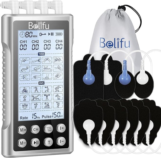 Belifu 4 Independent Channel TENS EMS Unit, 24 Modes,30 Level Intensity Muscle Stimulator Machine, Rechargeable Electric Pulse Massager with 10 Pads&5 Set Leads Wires, for Pain Relief Therapy (Silver)-StrideForce Fitness