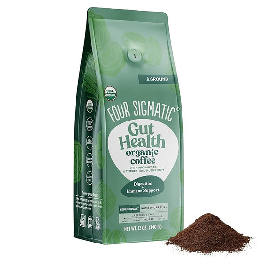 Four Sigmatic Gut Health Organic Ground Coffee | Medium Roast, Immune Boosting Probiotic Mushroom Coffee with Chaga & Turkey Tail for Gut Health & Immune Support | 12oz Bag-StrideForce Fitness