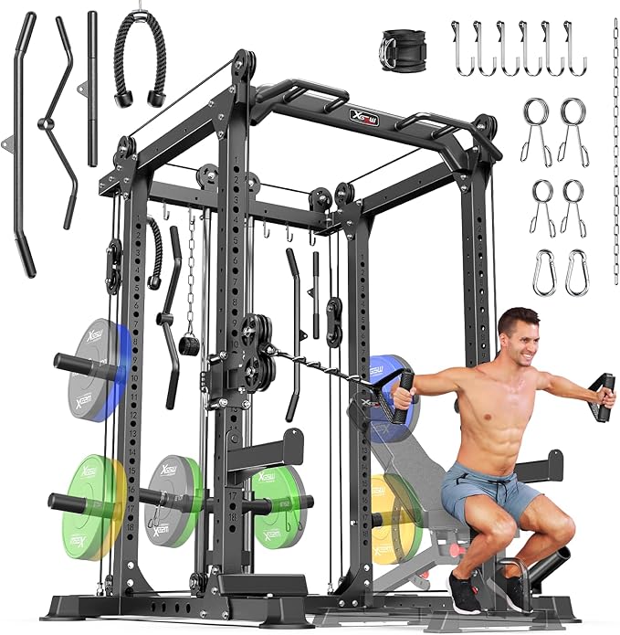 Power Cages Multi-Purpose Squat Rack with Cable Crossover System, Matching Weight Bench, Olympic Barbell Weight Set for Garage and Home Gyms-StrideForce Fitness