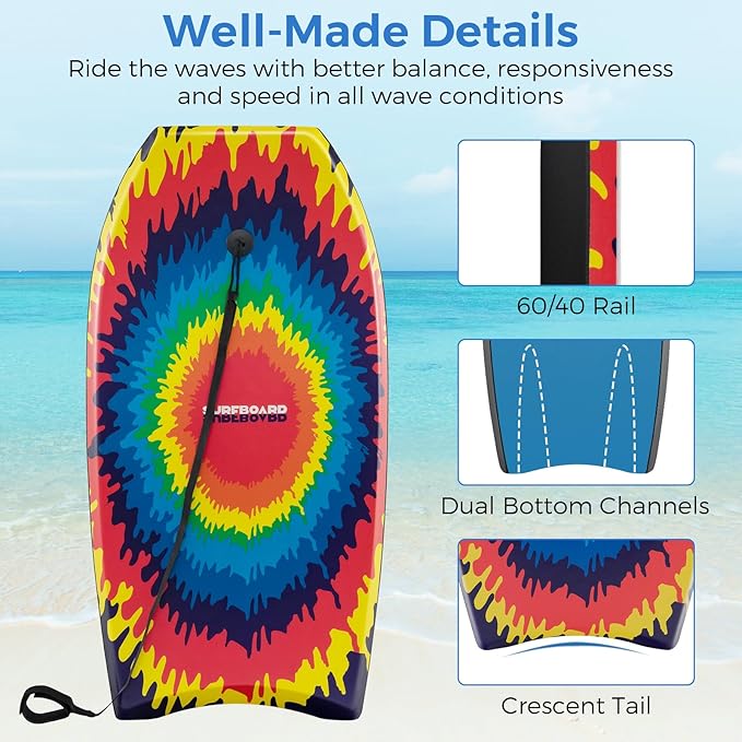 KOTEK 33/37/41 Inch Body Board with Wrist Leash, EPS Core, Dual Channel, HDPE Slick Bottom, Bodyboard for All Skill Levels & Wave Conditions-StrideForce Fitness
