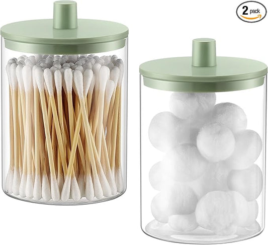 TIPGO Glass Qtip Holder Dispenser for Bathroom - 10 oz Clear Canister Apothecary Jar for Cotton Swabs, Balls, Pads, Floss Picks, Small Containers for Makeup Storage Organizer (2 Pack, Green)