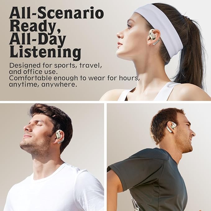 OHAYO Open Ear Headphones,Earbuds with Ergonomic Earhook,Bluetooth Headphones 5.4 with Smart Digital Display,40H Playtime,IPX6 Waterproof,Touch Control Earphones Fit Cycling,Running,Workout(Beige)-StrideForce Fitness